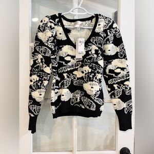 Jason Wu V-Neck Sweater Black White Abstract Design Puff Sleeve Soft Preppy